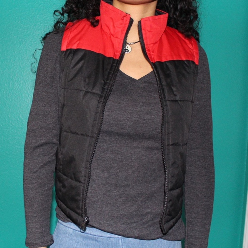 red and black puffer vest
